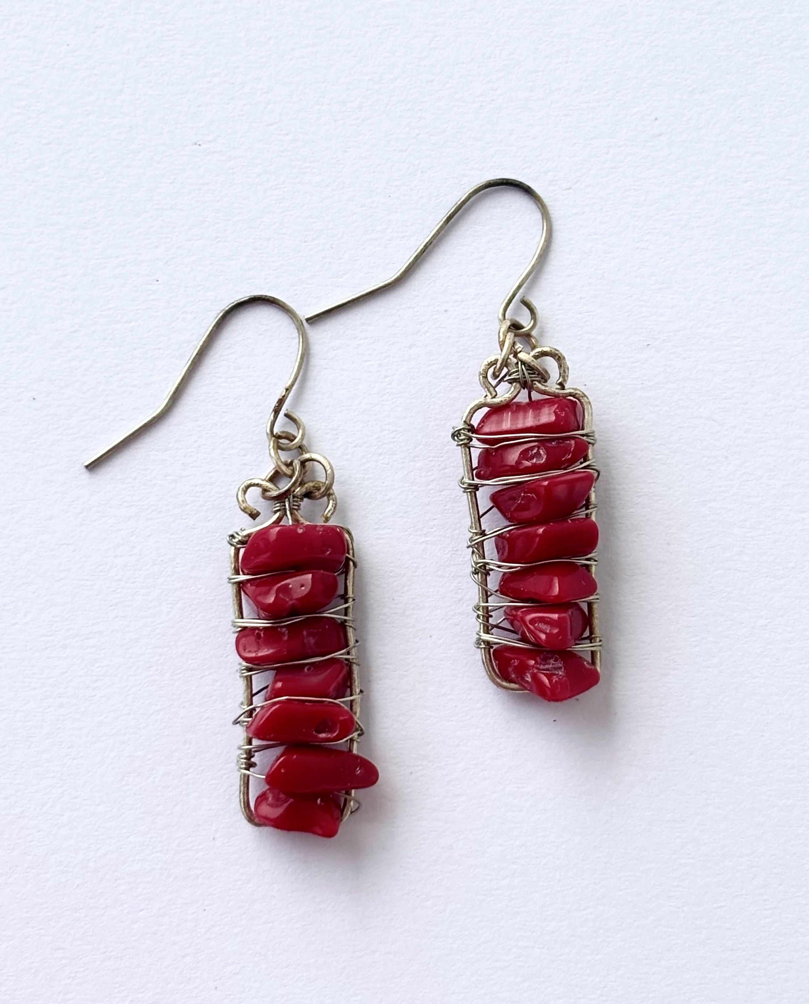 Handmade Red Coral and Wire-Wrapped Bar Earrings