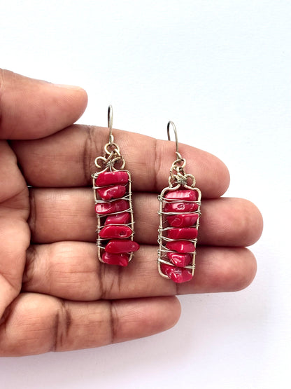 Handmade Red Coral and Wire-Wrapped Bar Earrings