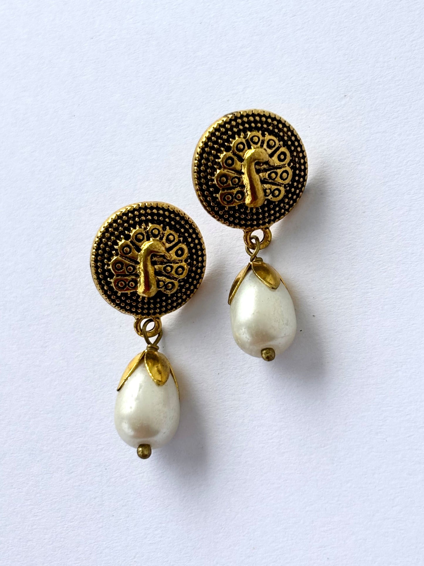 Oxidized Gold Peacock and Pearl Drop Earrings