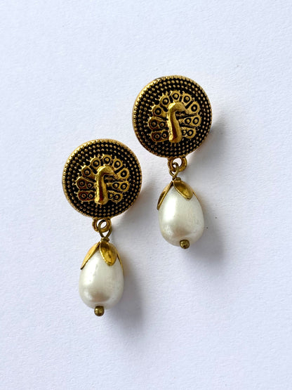 Oxidized Gold Peacock and Pearl Drop Earrings