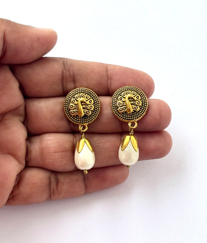 Oxidized Gold Peacock and Pearl Drop Earrings