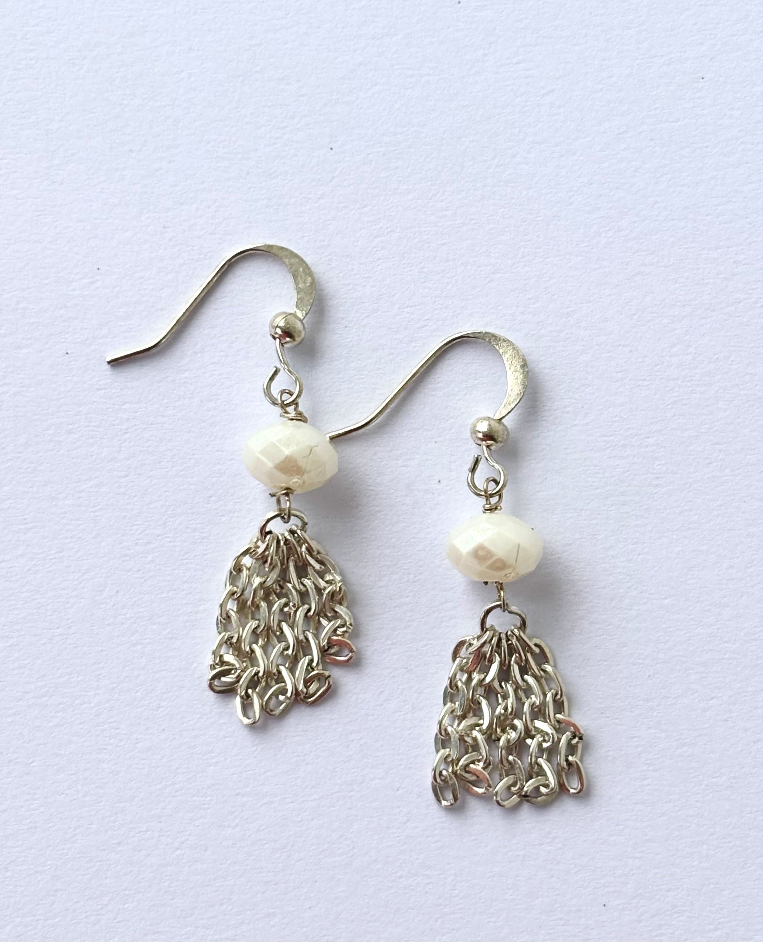 Handmade White Pearl and Silver Chain Tassel Earrings