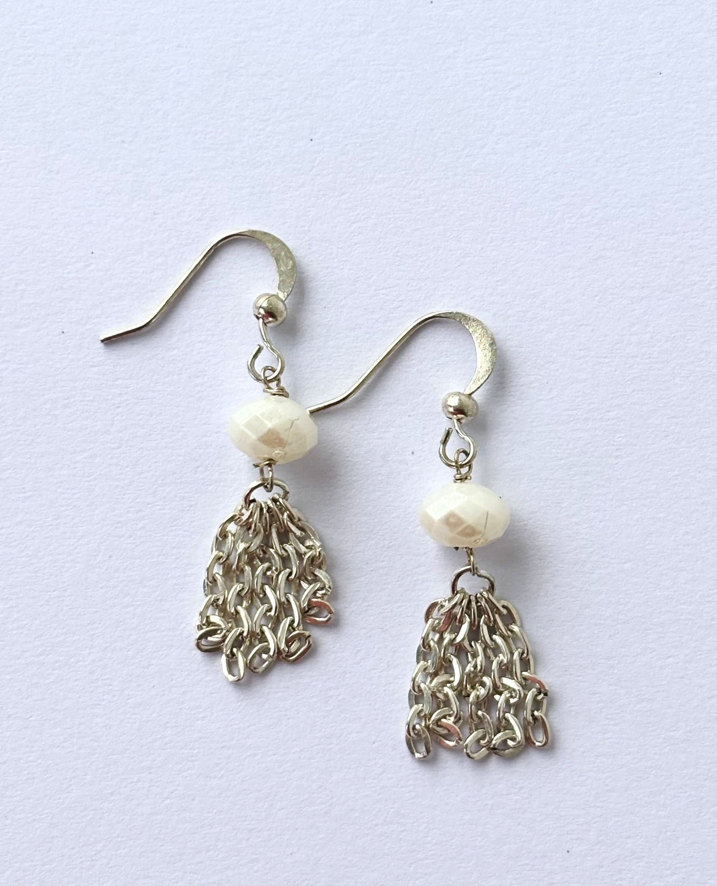 Handmade White Pearl and Silver Chain Tassel Earrings