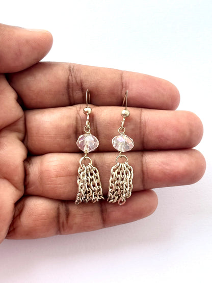 Handmade Clear Crystal and Silver Chain Tassel Earrings