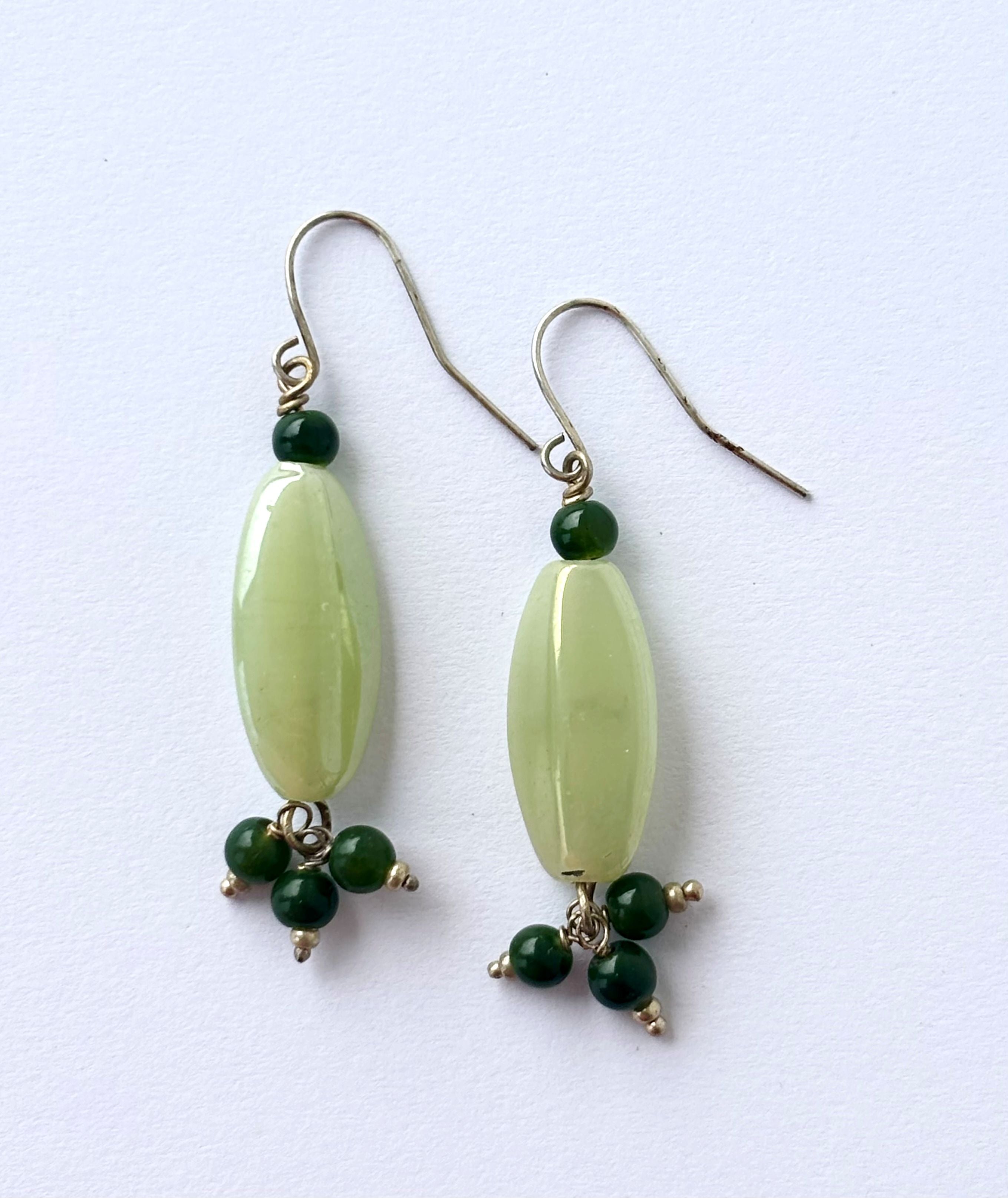 Handmade Green Stone and Bead Dangle Earrings
