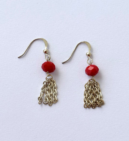 Handmade Red Crystal and Silver Chain Tassel Earrings