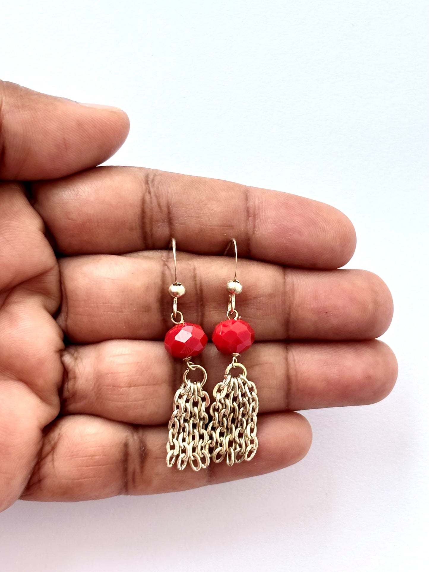 Handmade Red Crystal and Silver Chain Tassel Earrings