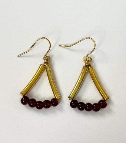 Handmade Gold and Maroon Beaded Triangle Earrings