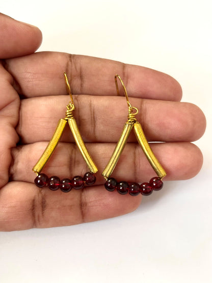 Handmade Gold and Maroon Beaded Triangle Earrings