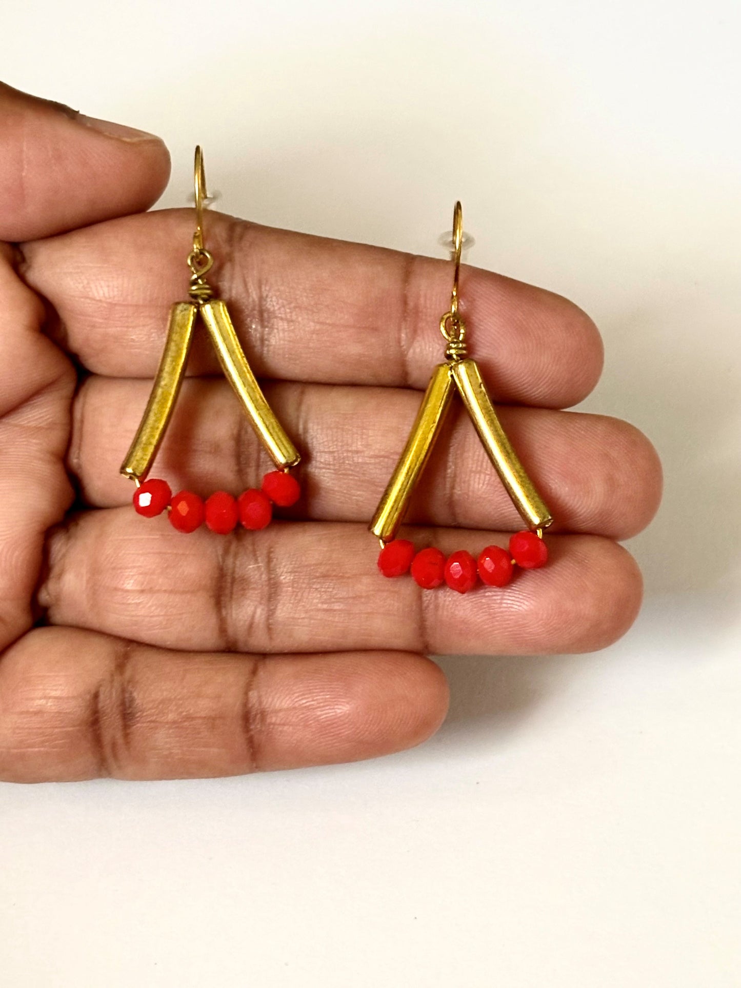Handmade Gold and Red Beaded Triangle Earrings