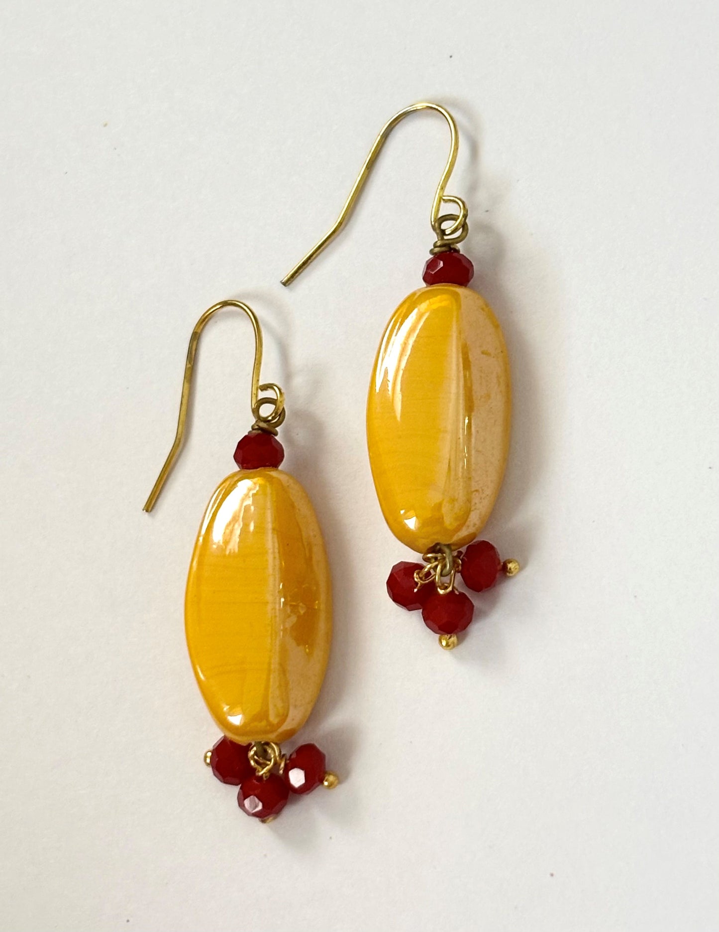 Handmade Mustard Yellow and Red Beaded Earrings