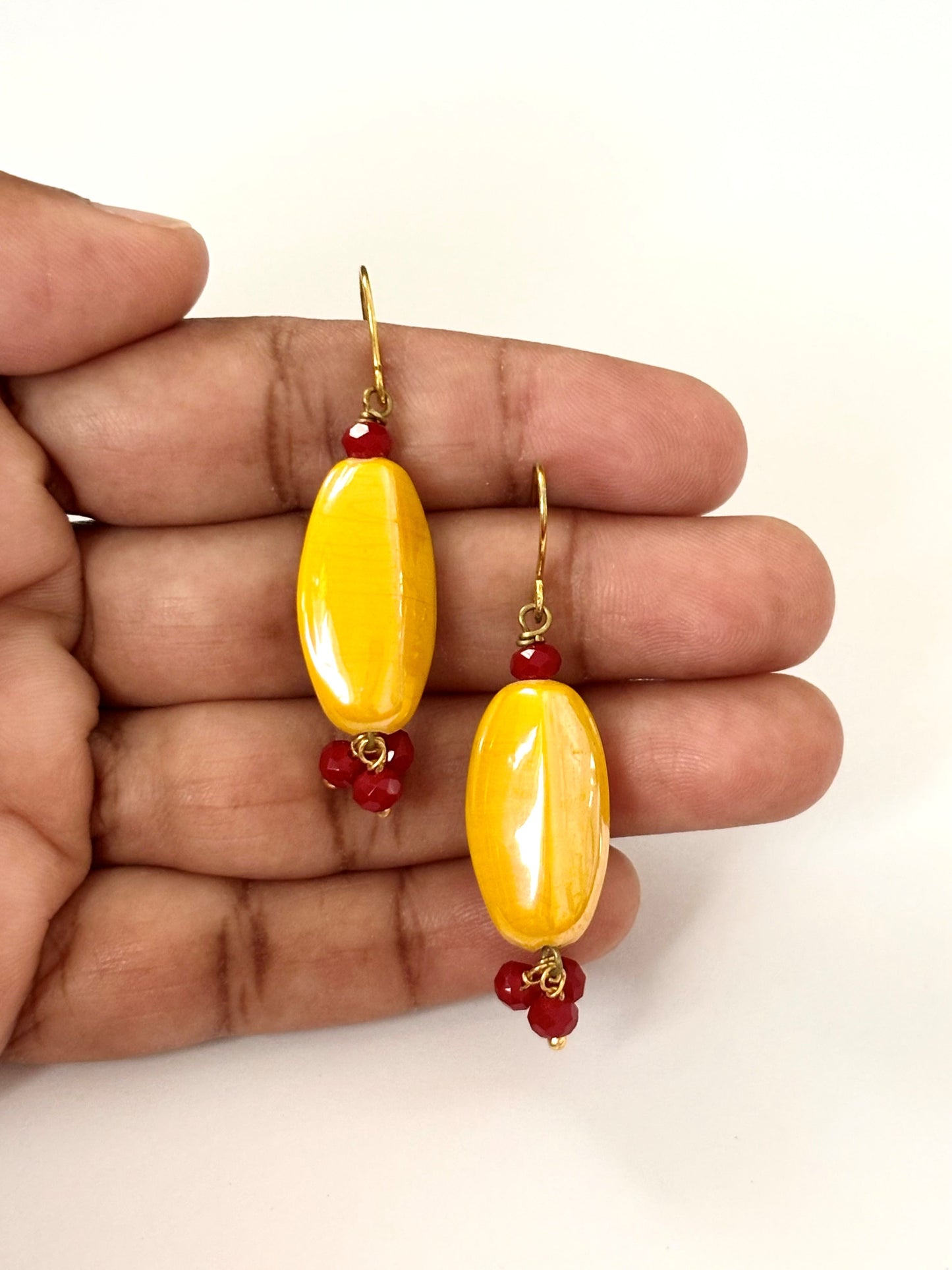 Handmade Mustard Yellow and Red Beaded Earrings