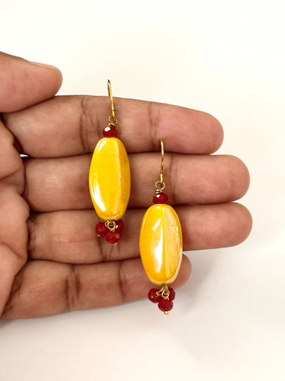 Handmade Mustard Yellow and Red Beaded Earrings