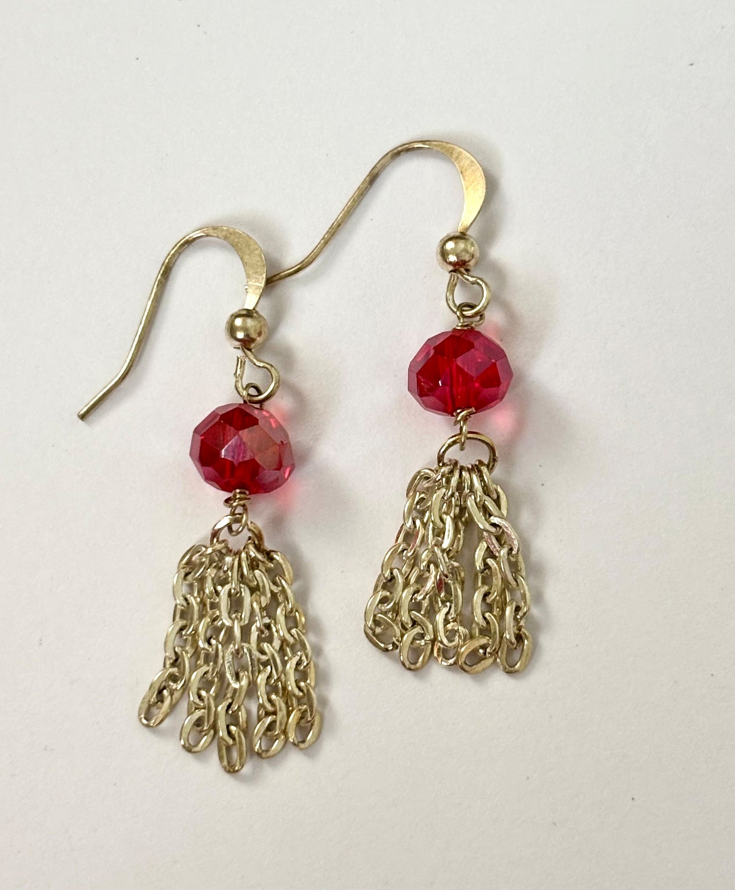 Handmade Transparent Red Crystal and Gold Chain Tassel Earrings