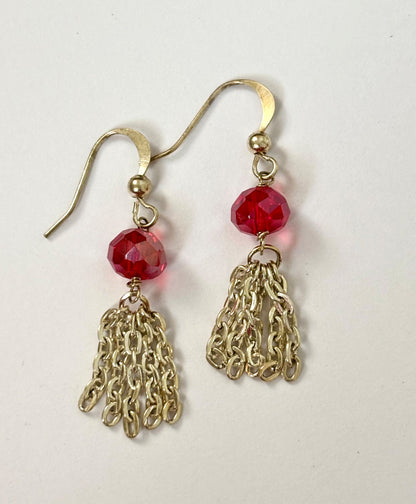 Handmade Transparent Red Crystal and Gold Chain Tassel Earrings
