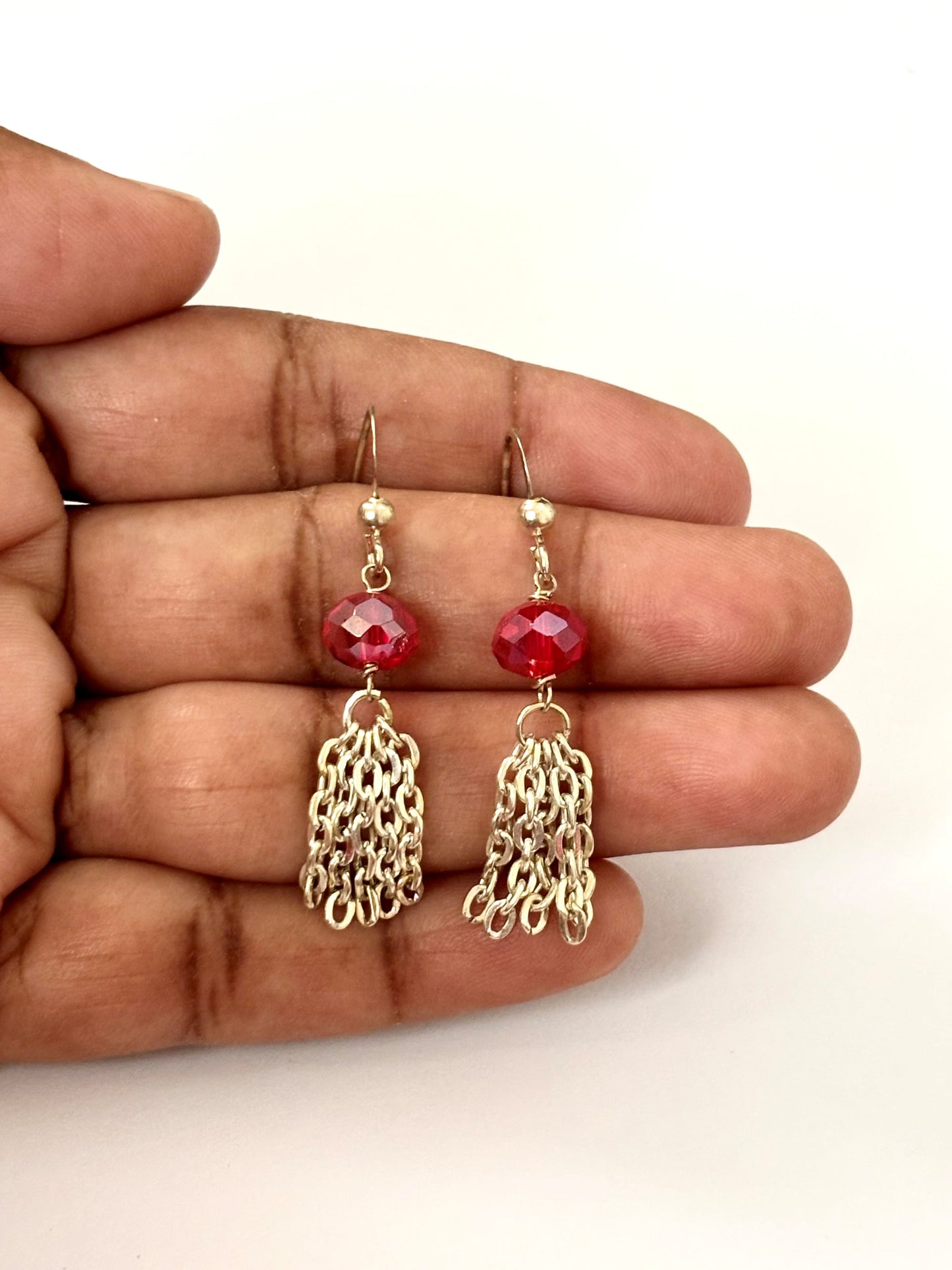 Handmade Transparent Red Crystal and Gold Chain Tassel Earrings