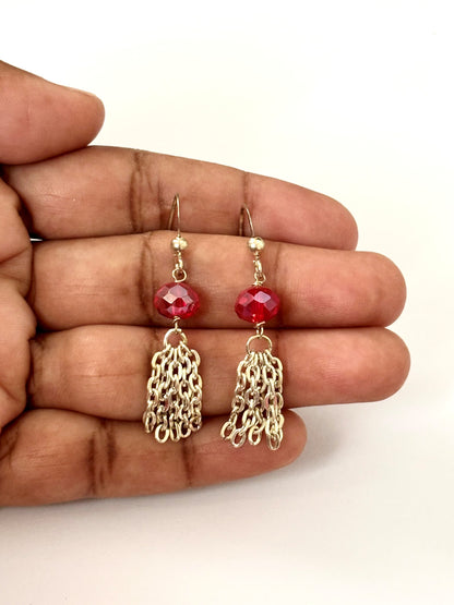 Handmade Transparent Red Crystal and Gold Chain Tassel Earrings
