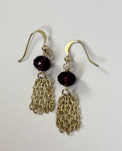 Handmade Purple Crystal and Gold Chain Tassel Earrings