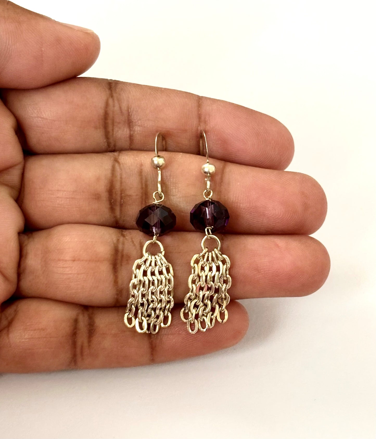 Handmade Purple Crystal and Gold Chain Tassel Earrings