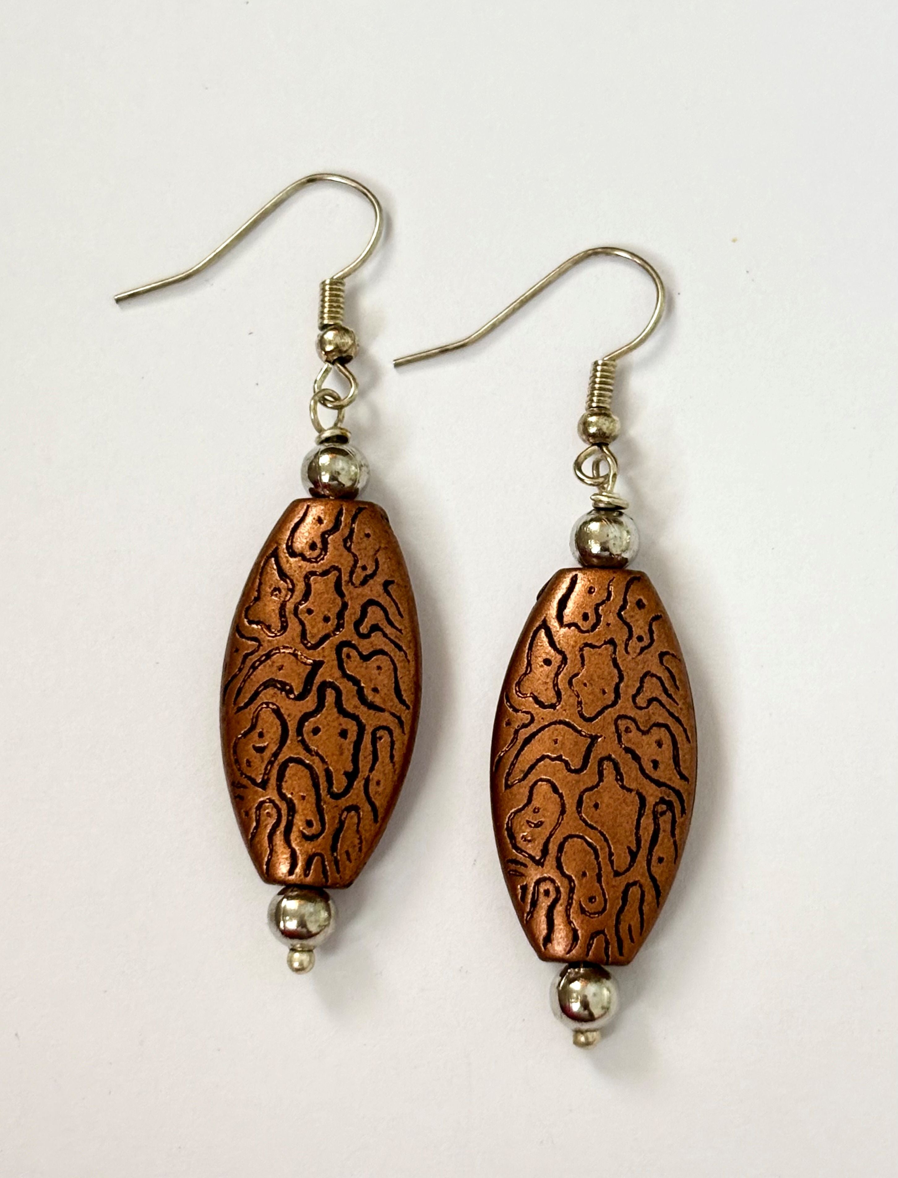 Handmade Copper and Silver Patterned Dangle Earrings
