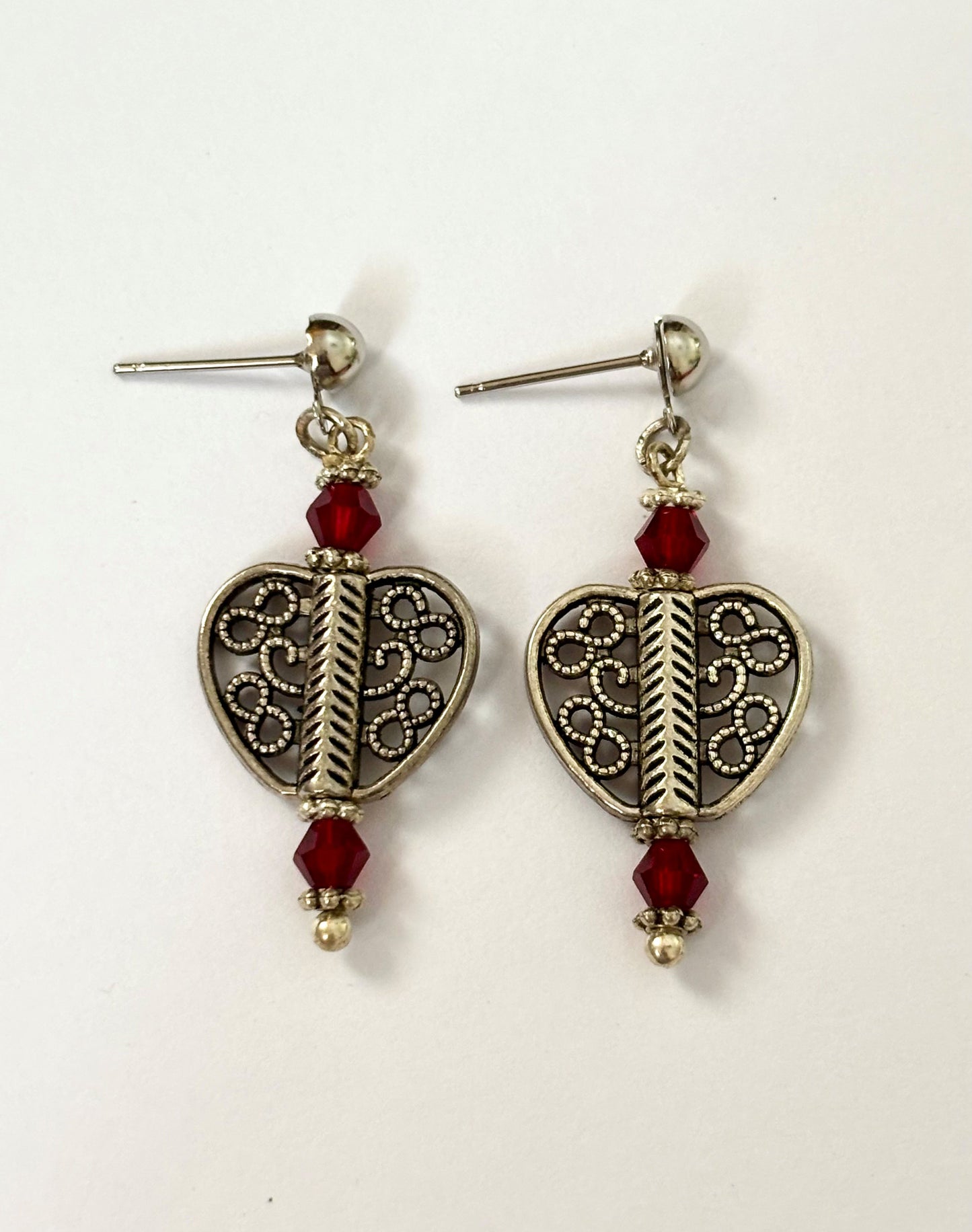 Handmade Red Crystal and Silver Heart Dangle Earrings