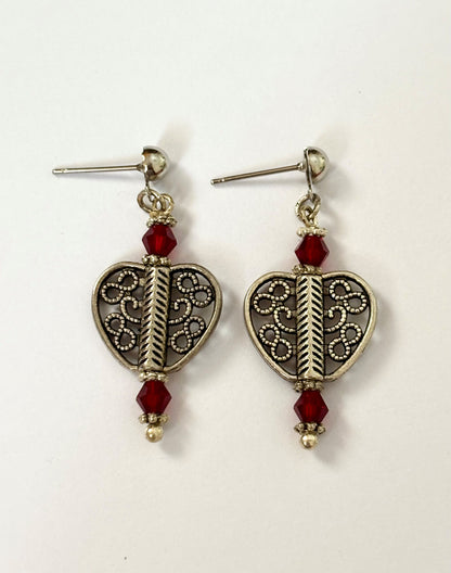 Handmade Red Crystal and Silver Heart Dangle Earrings