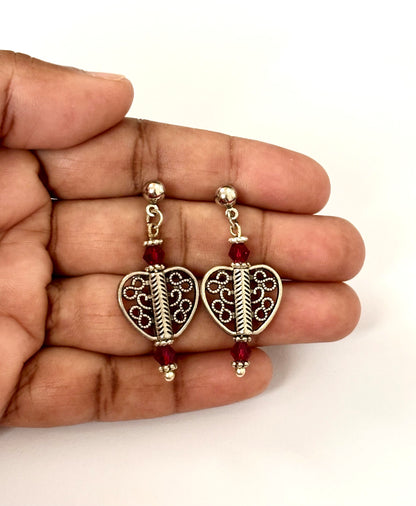 Handmade Red Crystal and Silver Heart Dangle Earrings