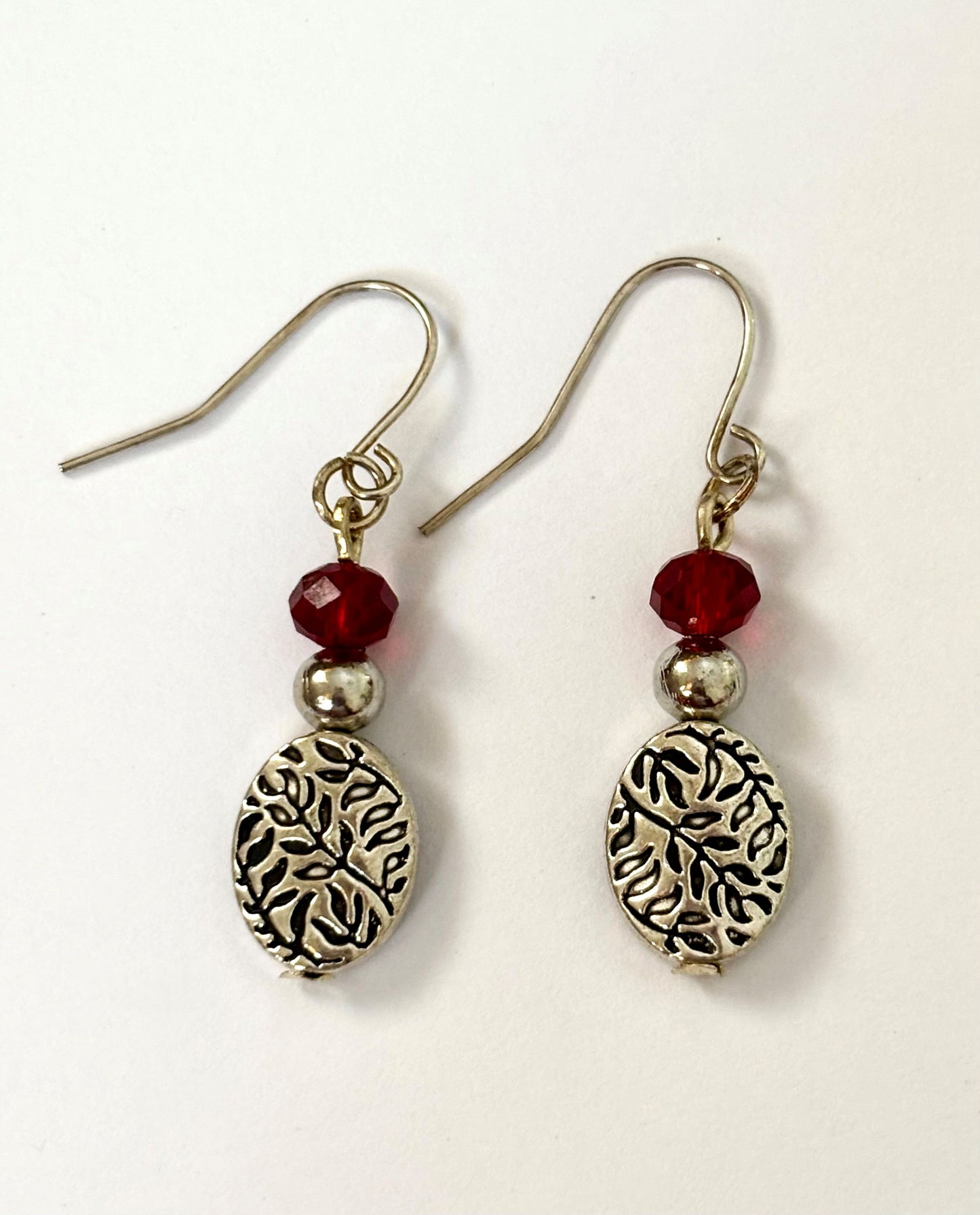 Handmade Red Crystal and Leaf Dangle Earrings