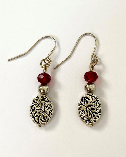 Handmade Red Crystal and Leaf Dangle Earrings