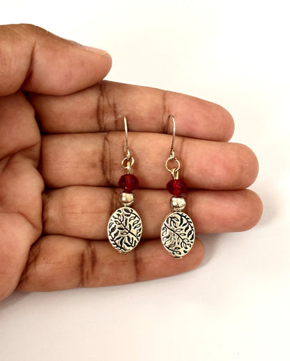 Handmade Red Crystal and Leaf Dangle Earrings