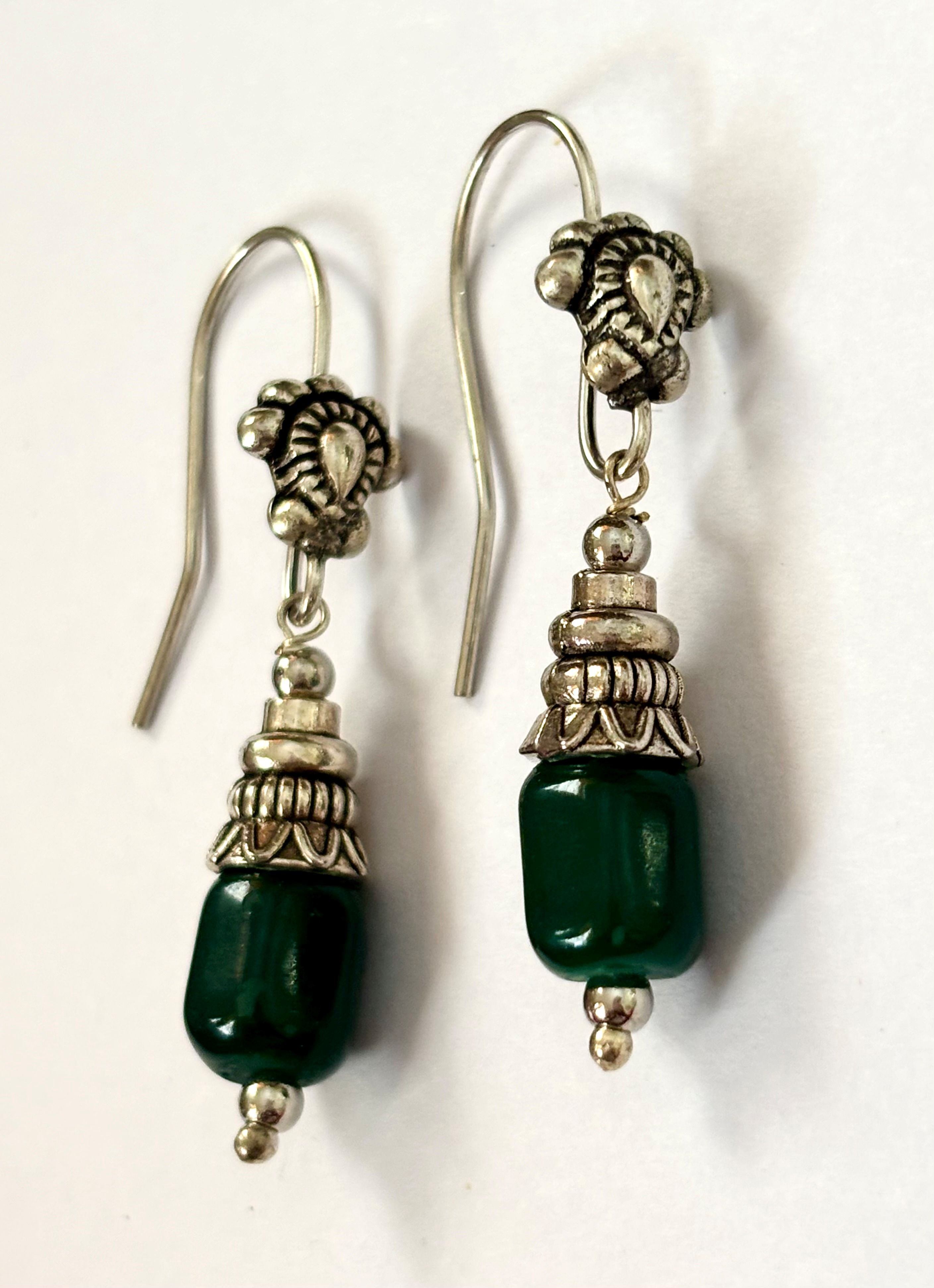 Oxidized Silver and Green Stone Dangle Earrings