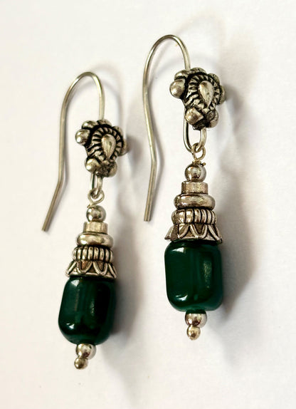 Oxidized Silver and Green Stone Dangle Earrings