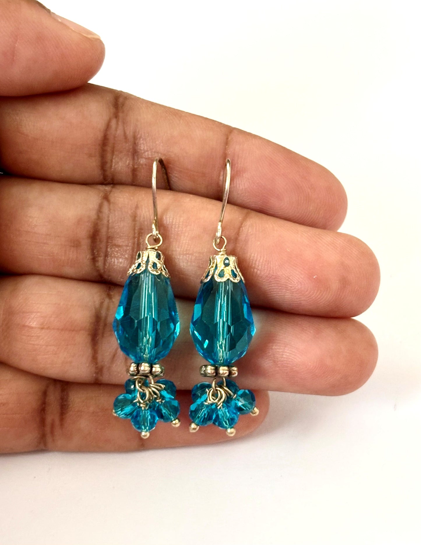 Handmade Aqua Blue Crystal Floral Dangle Earrings