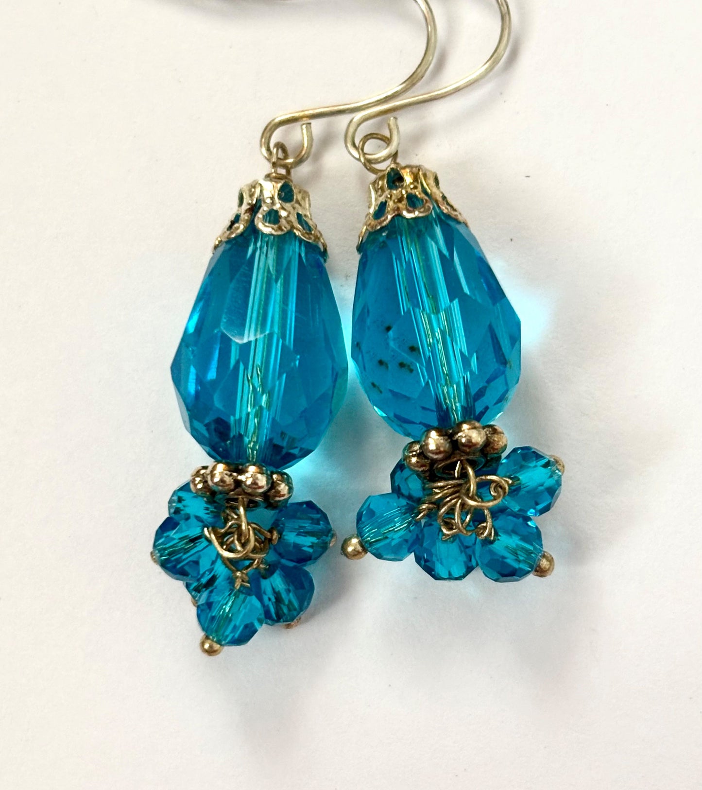 Handmade Aqua Blue Crystal Floral Dangle Earrings
