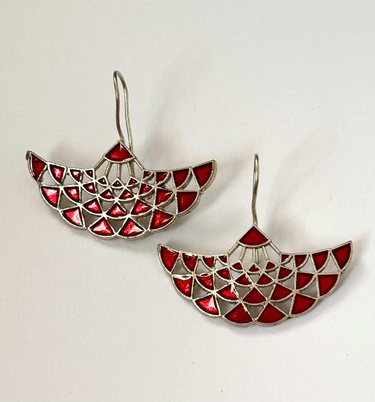 Handmade Red and Silver Geometric Fan Earrings