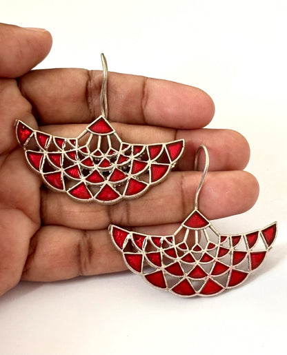 Handmade Red and Silver Geometric Fan Earrings