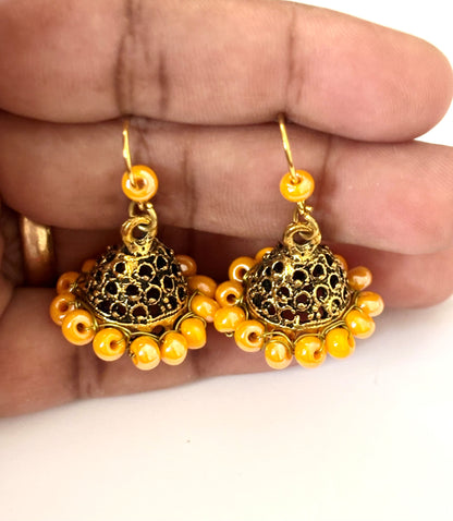 Oxidized Gold and Orange Jhumka Earrings