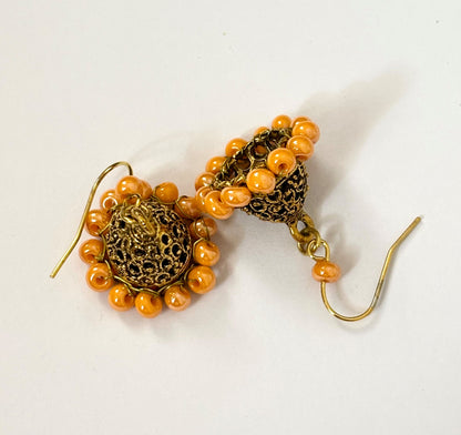 Oxidized Gold and Orange Jhumka Earrings