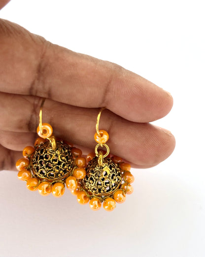 Oxidized Gold and Orange Jhumka Earrings