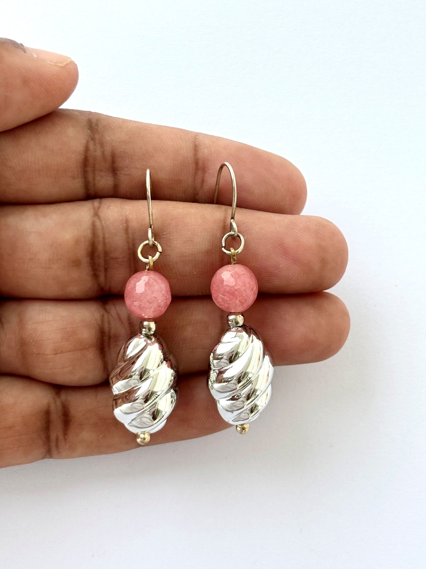 Handmade Pink and Silver Spiral Bead Earrings