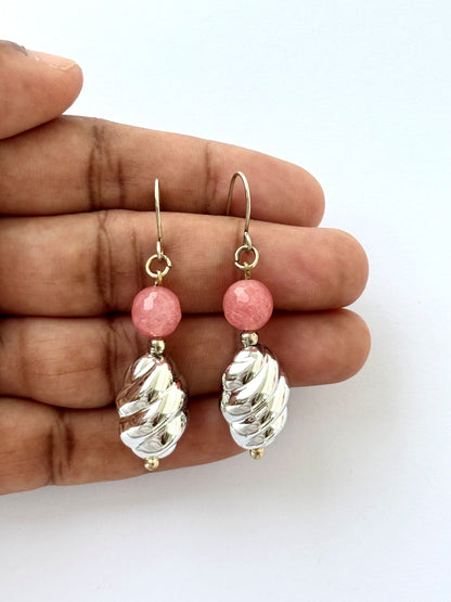 Handmade Pink and Silver Spiral Bead Earrings