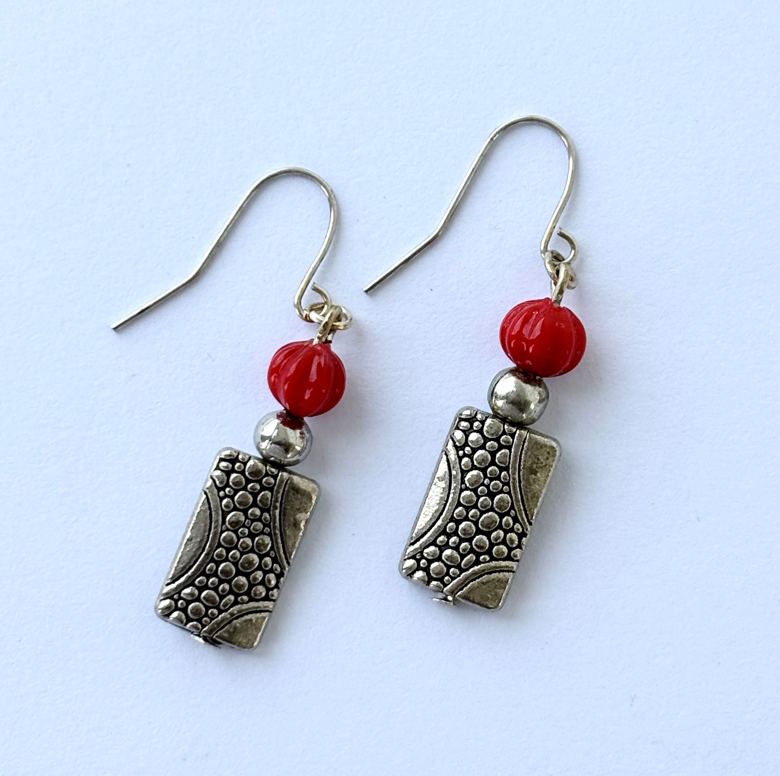 Handmade Red and Silver Dangle Earrings