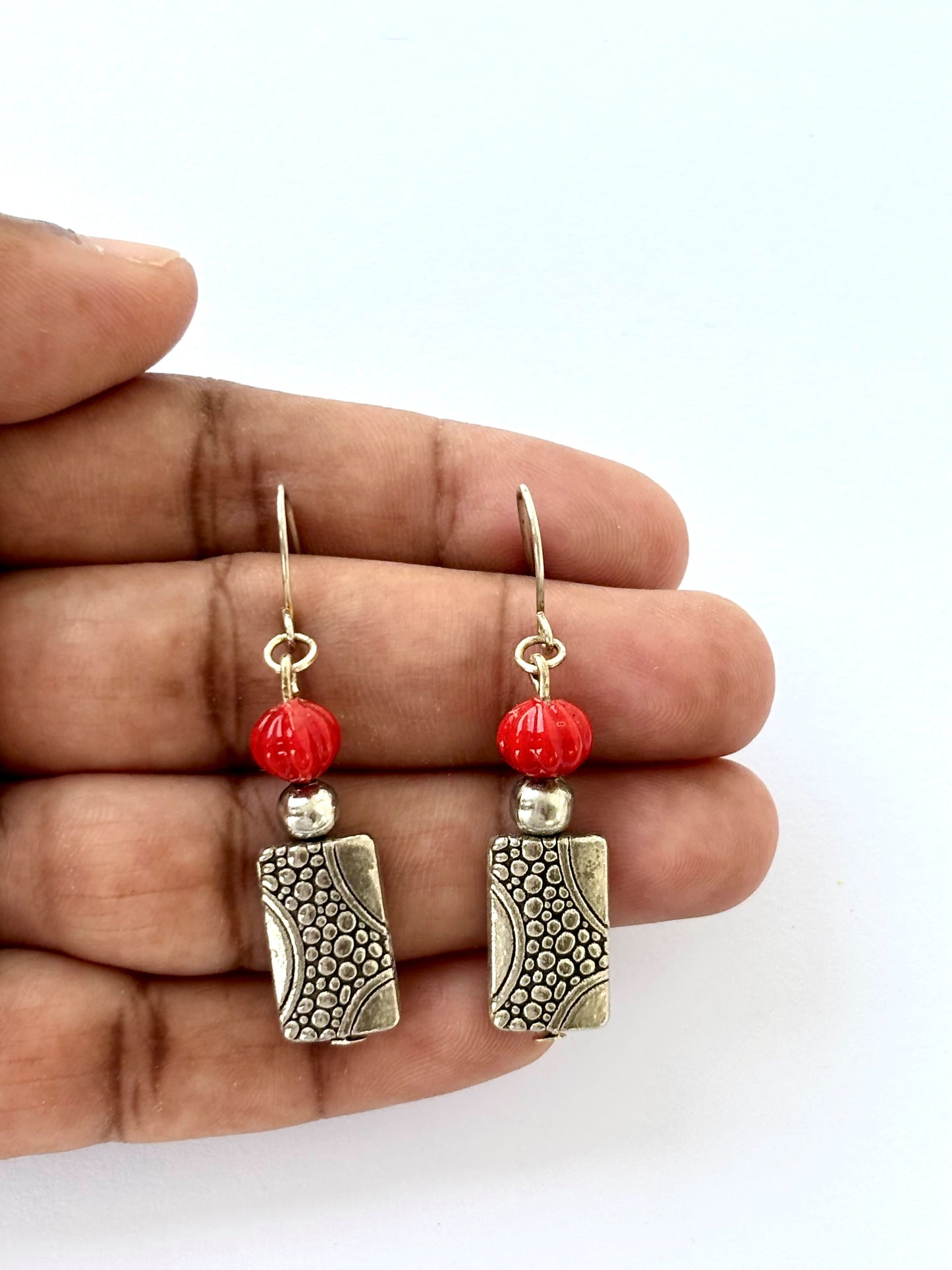 Handmade Red and Silver Dangle Earrings