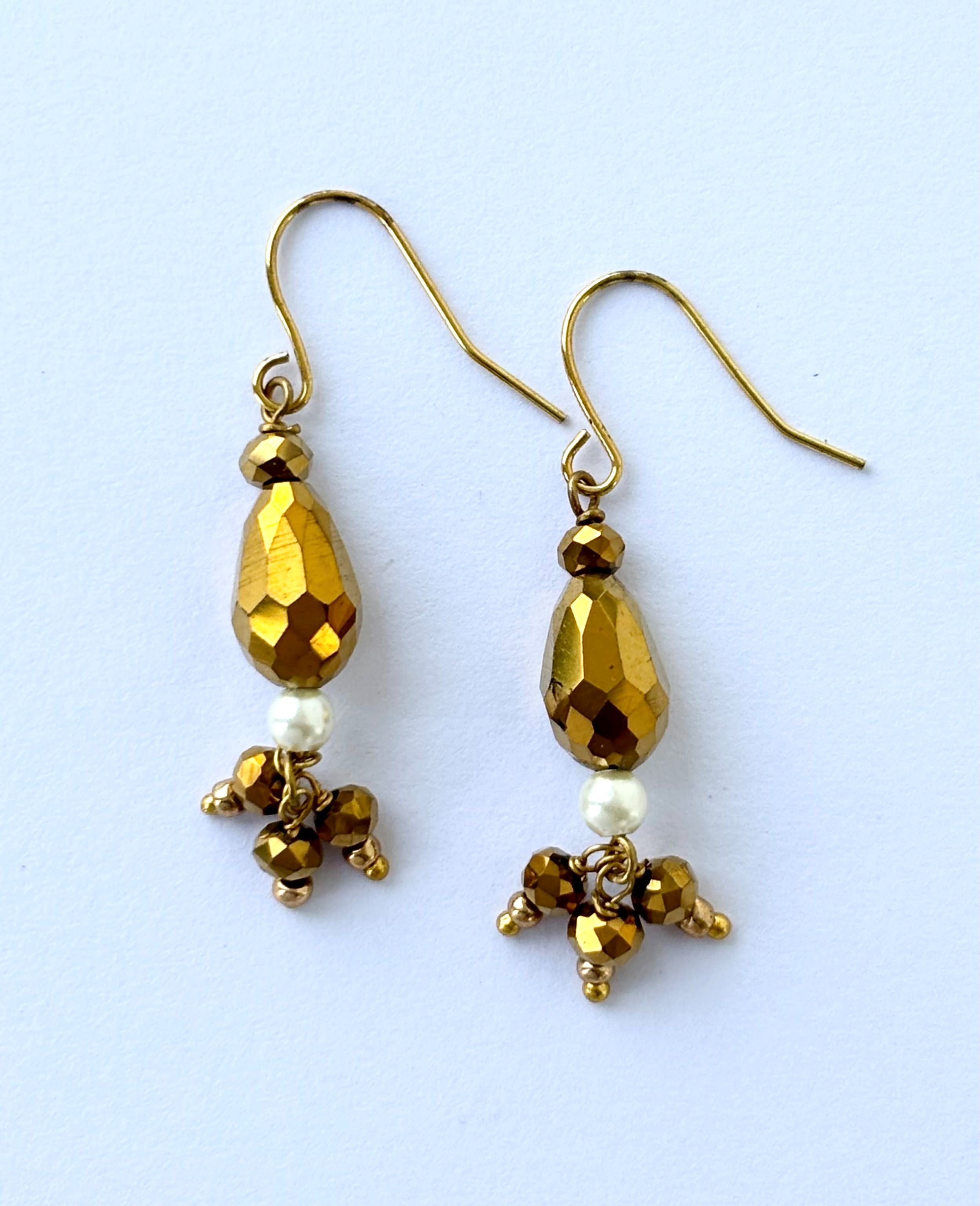 Handmade Gold Crystal and Pearl Drop Earrings