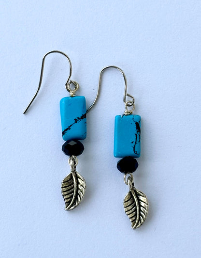 Handmade Turquoise and Silver Leaf Dangle Earrings