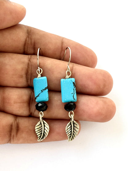 Handmade Turquoise and Silver Leaf Dangle Earrings