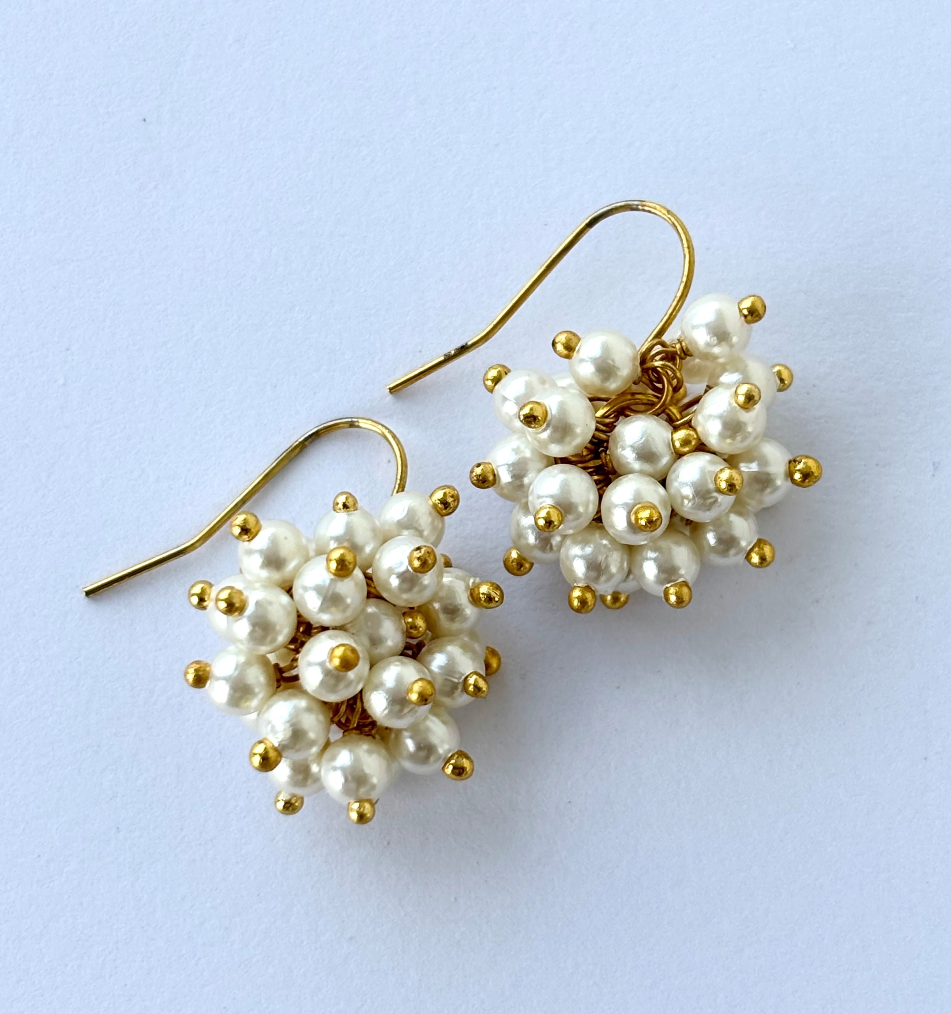 Handmade White Pearl and Gold Cluster Earrings
