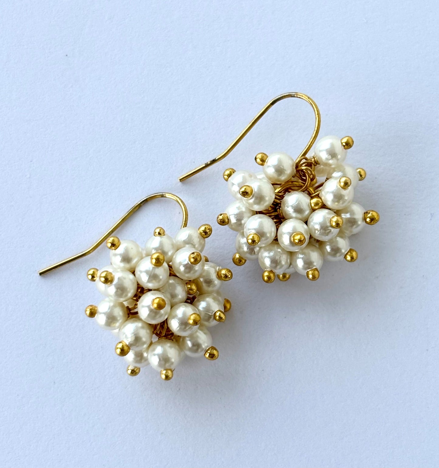 Handmade White Pearl and Gold Cluster Earrings