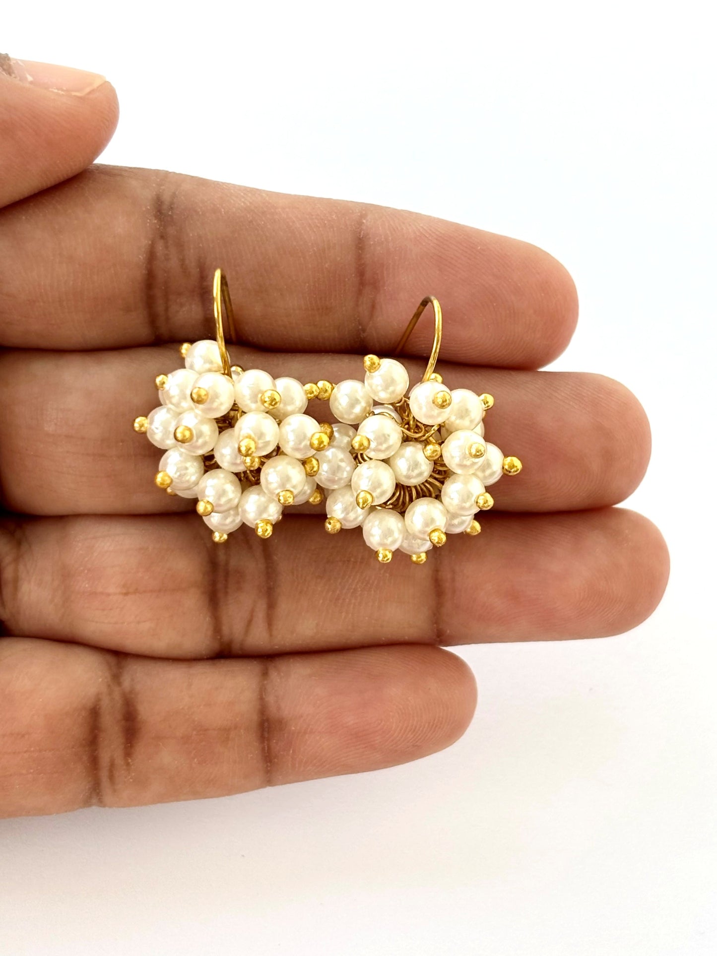 Handmade White Pearl and Gold Cluster Earrings