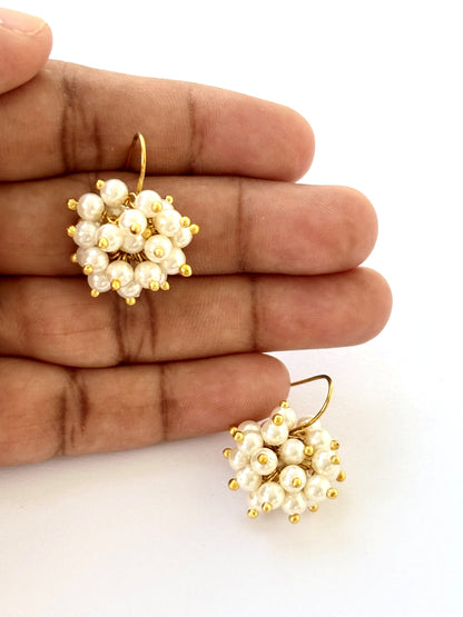 Handmade White Pearl and Gold Cluster Earrings